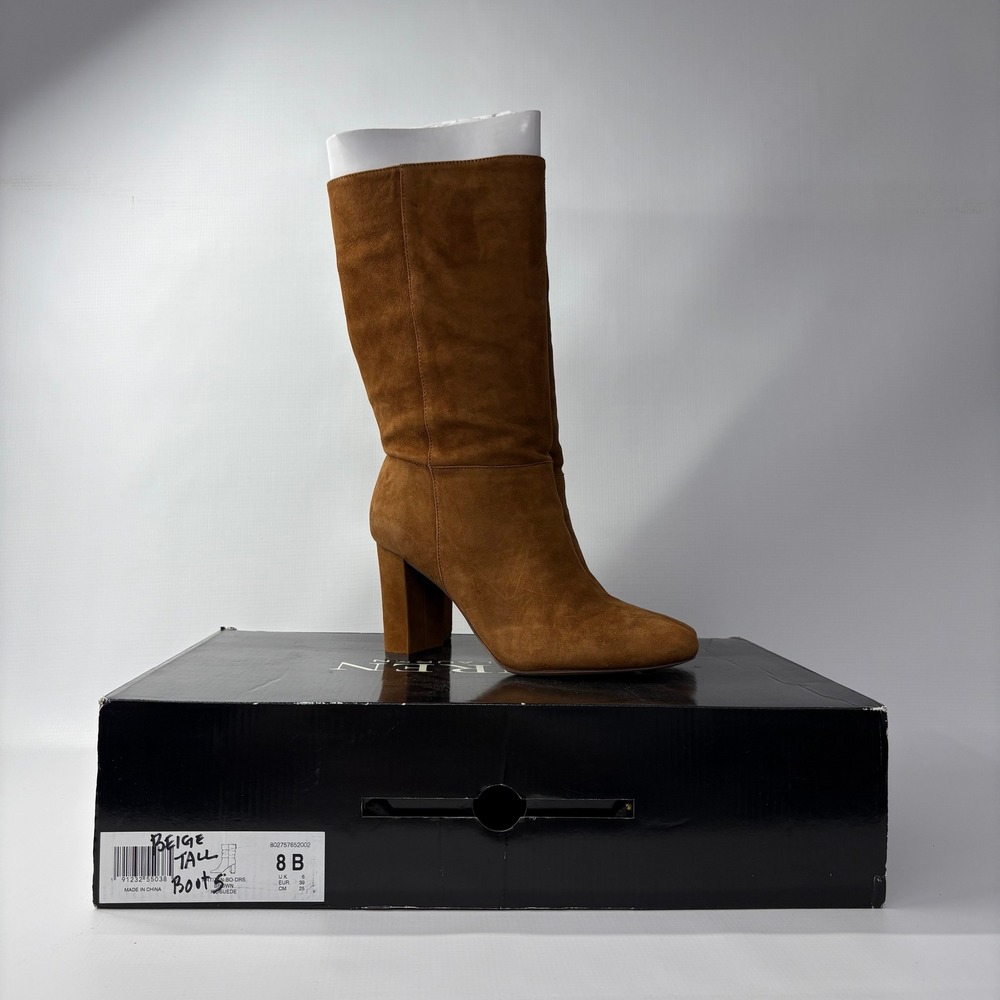 NIB Lauren Ralph Lauren Artizan Brown Suede Tall Block Heel Boots 8 B Gold Logo